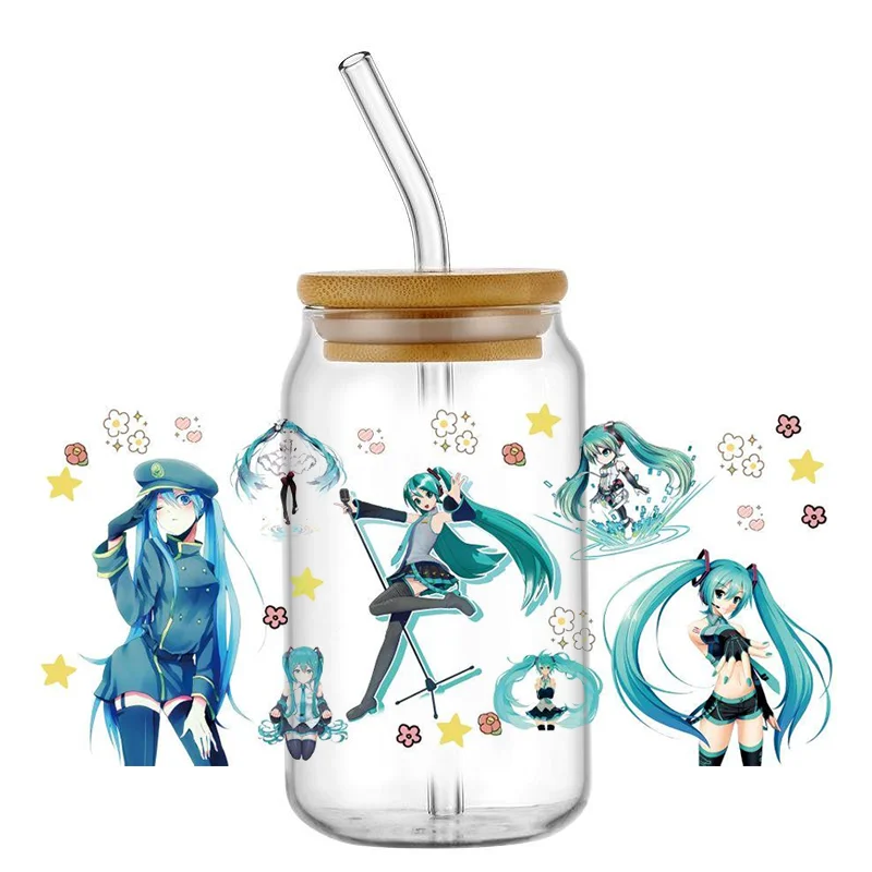 Miniso mikuo 3d wasserdicht uv dtf becher wickel für 16oz libbey brille wasch bar transfer aufkleber diy becher aufkleber