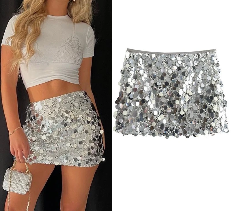 

Зима 2025 года, женская одежда в европейском и американском стиле, сексуальная А-образная юбка с высокой талией, мини-юбка с блестками и запахом бедер