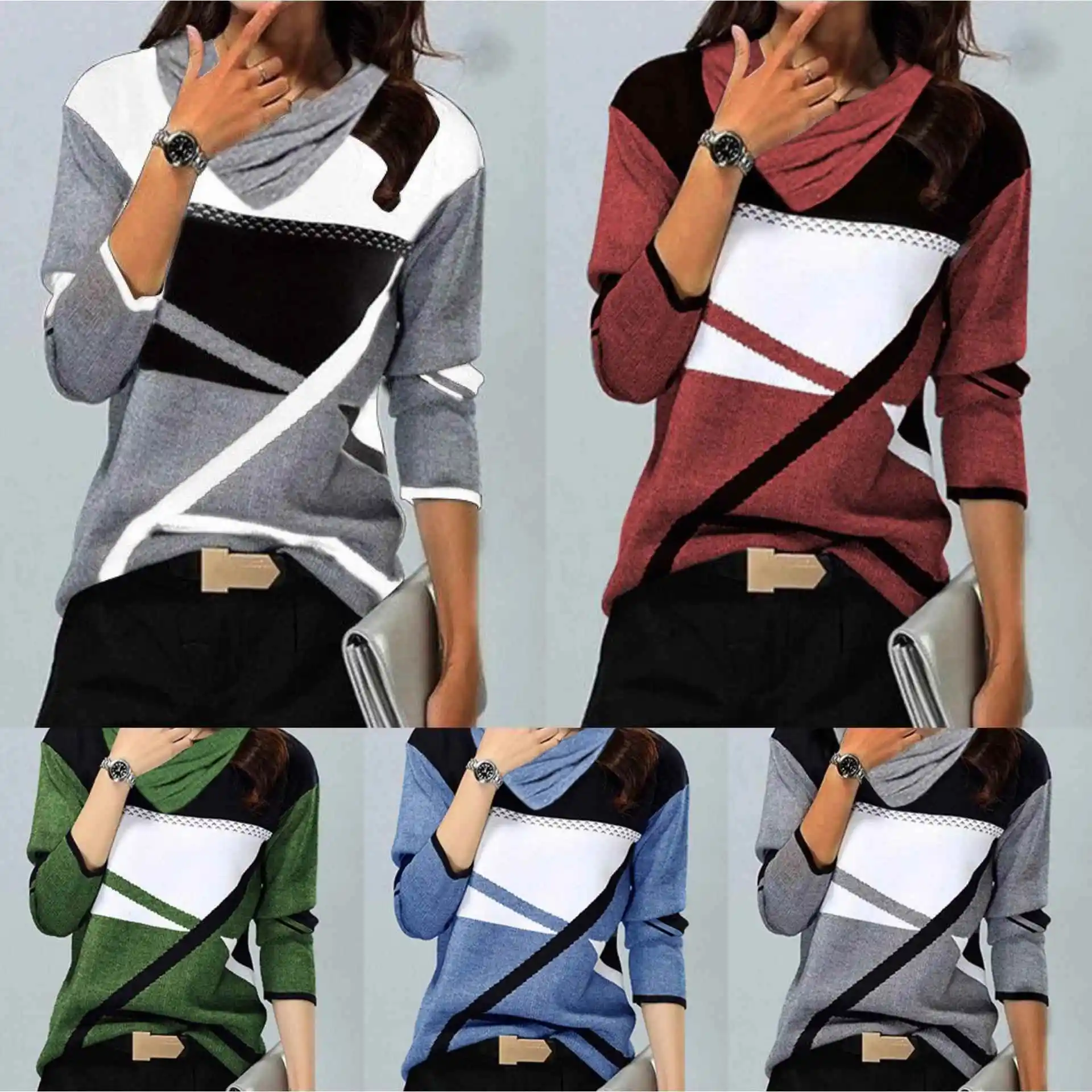 Women's Printed Folded Collar Long Sleeve T-shirt Commute Style Comfortable Fit Fashionable Design Winter Collection