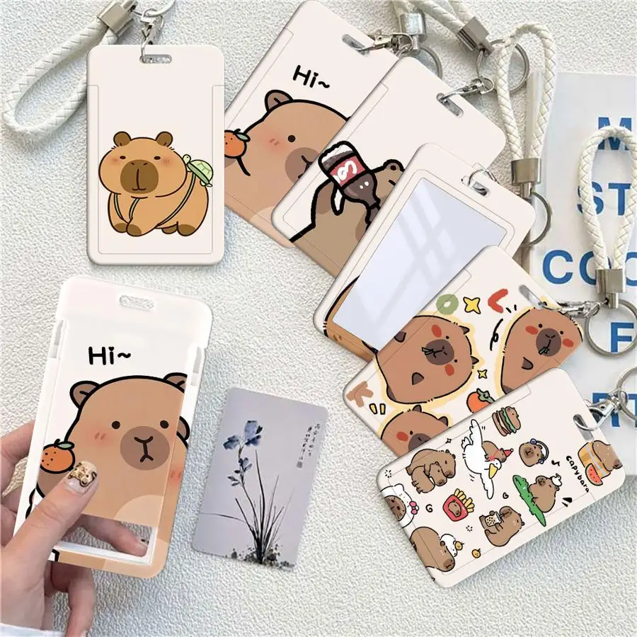 Funny Capybara 1Pc Card Holder Retractable Credit Card Holders Holders Child Bus with lanyard Bank ID Badge Cover Case