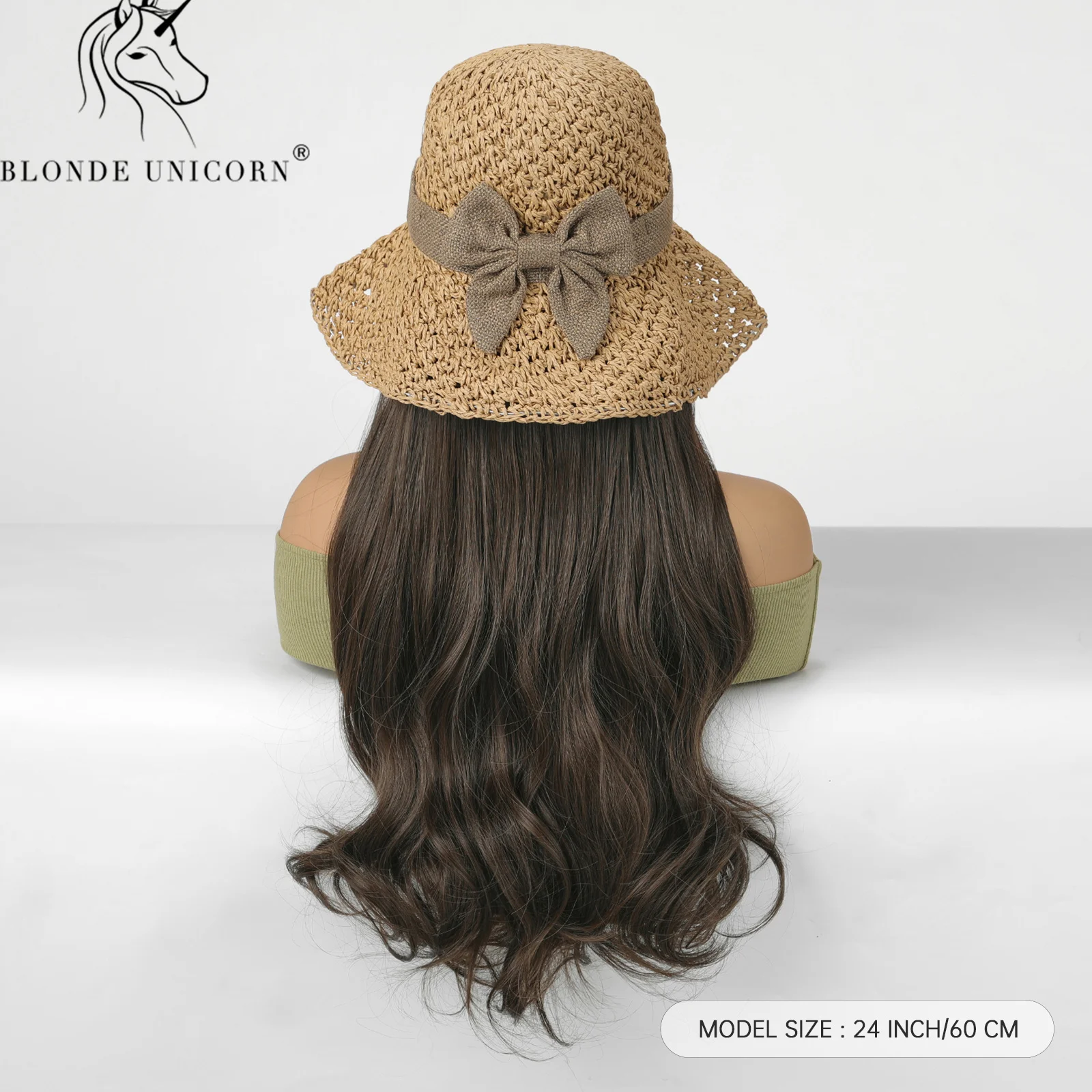 BlONDE UNICOR Summer Hat wigs Cap with Hair Black Wavy Wig Connect Synthetic Wigs for Women Daily Use High Temperature Hair