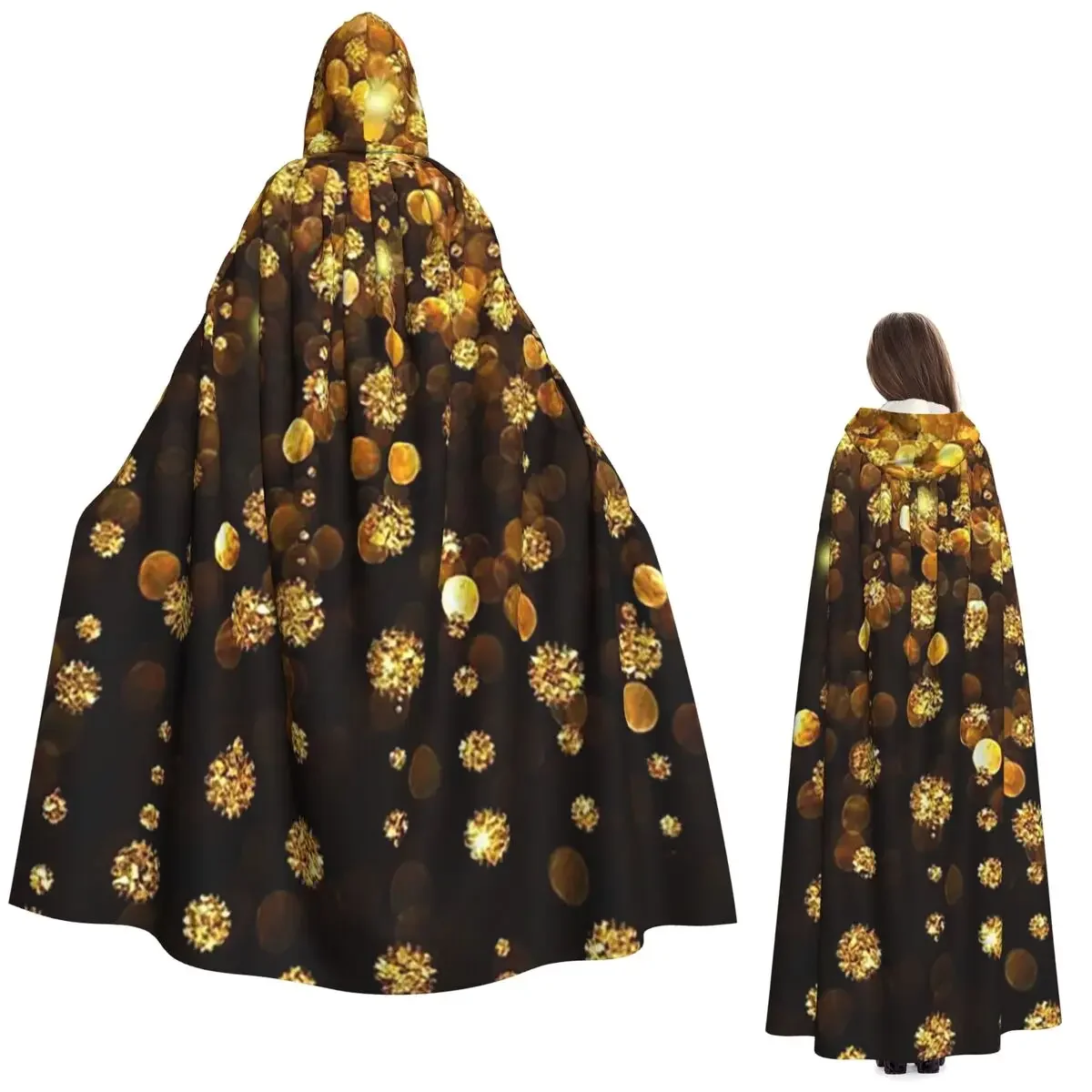 

Золотой блестящий длинный плащ с капюшоном, средневековый костюм ведьмы, накидка для косплея, Хэллоуин, вампир, для взрослых, унисекс