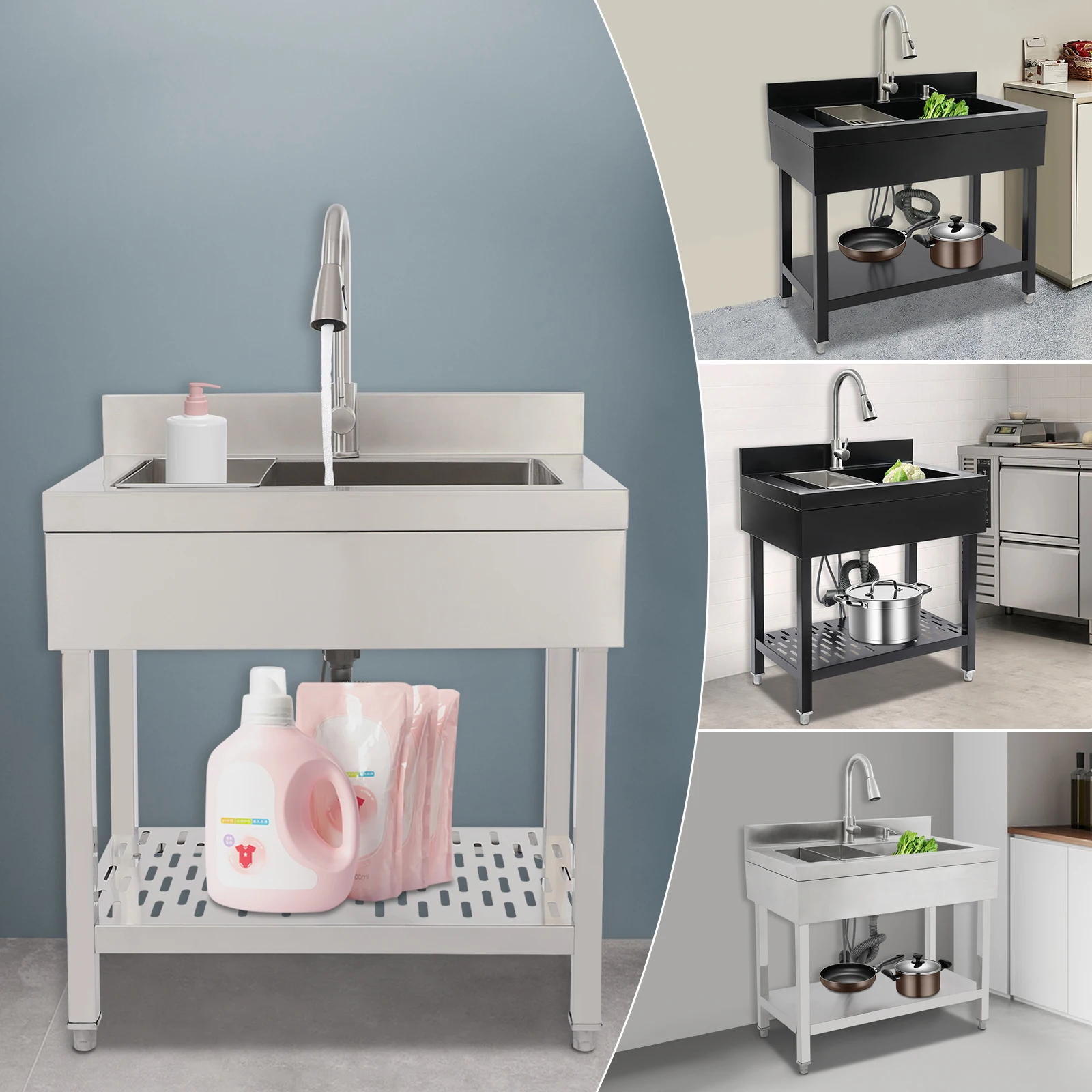 Évier utilitaire autoportant en acier inoxydable 75x42cm/55x36cm, éviers pour linge et salle utilitaire, bol simple rectangulaire noir/argent