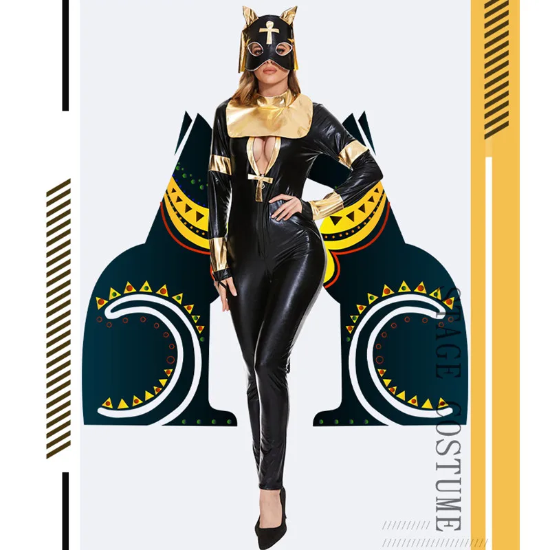 Faux Leather Jumpsuits Women Egyptian Bast Cosplay Female Halloween Black Cat Kitty Costume Carnival Purim Role Play Party Dress