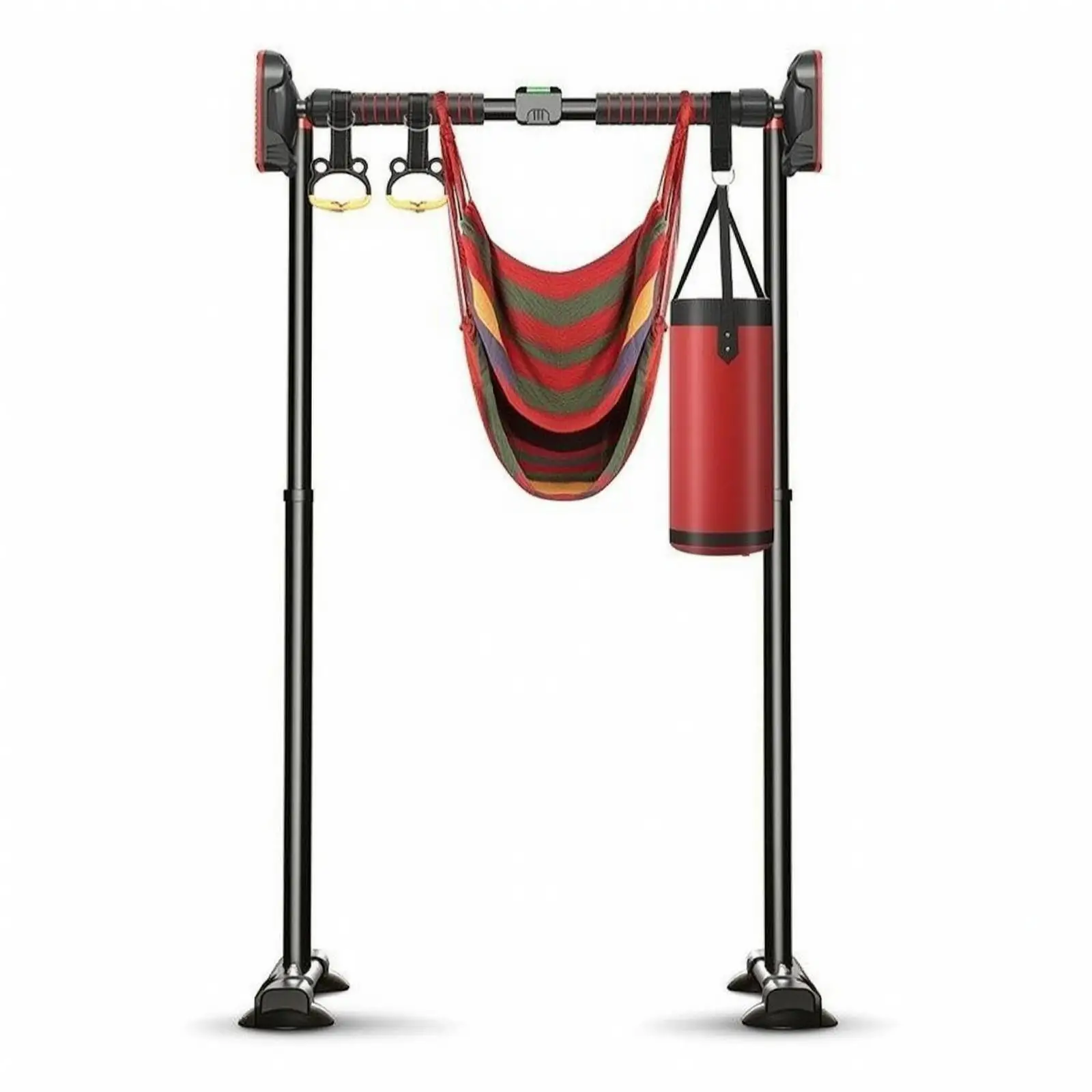 Adjustable Pull Up Bar for Home Gym Freestanding Chin Up Tower with Padded Grip Hanging Rings Sandbag Swing Seat Complete Set