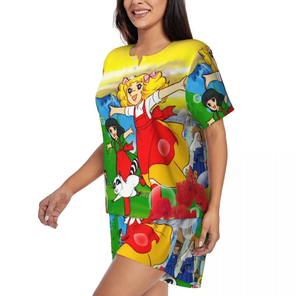 Custom Candy Candy Anime Pajamas Set Women's Short Sleeve Kawaii Japan Cartoon Sleepwear Loungewear 2 Piece Pjs
