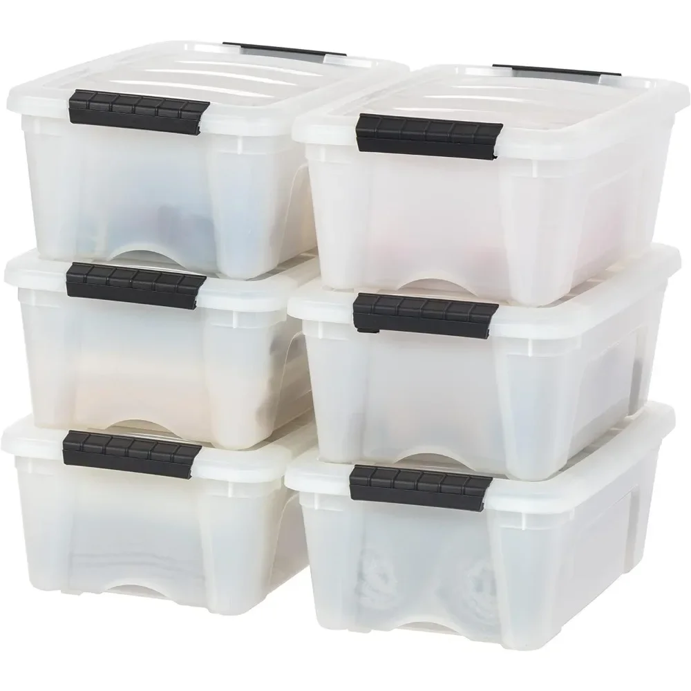 13 Qt Stackable Plastic Storage Bins with Lids, 6 Pack - BPA-Free, Made in USA - Discreet Organizing Solution, Latches