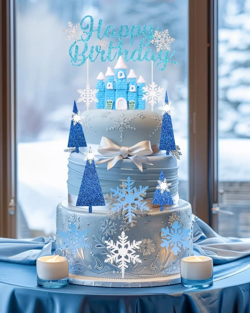 14pcs Snowflake Cake Decorations Blue Castle Tree Cake Toppers Snowflakes Winter Birthday Party Supplies view 5