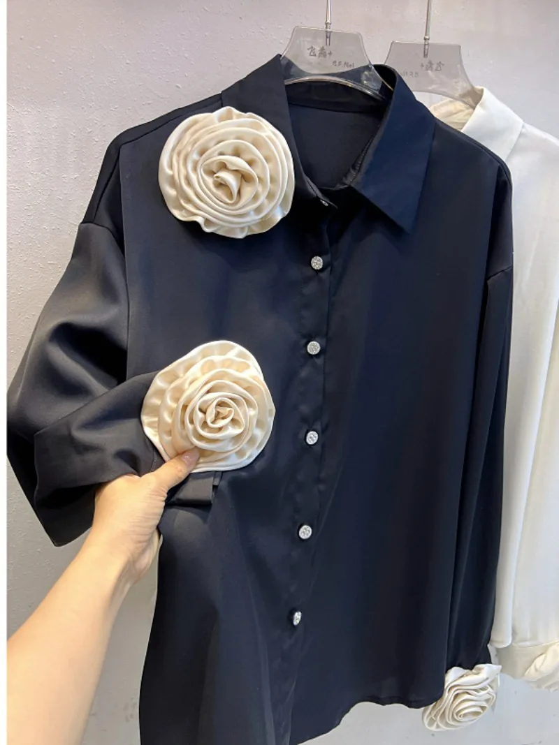 

Turn Down Collar Stereo Flower Patchwork Loose High-End Shirts Vintage French Light Luxury Chic Blusas Single-breasted Blouses