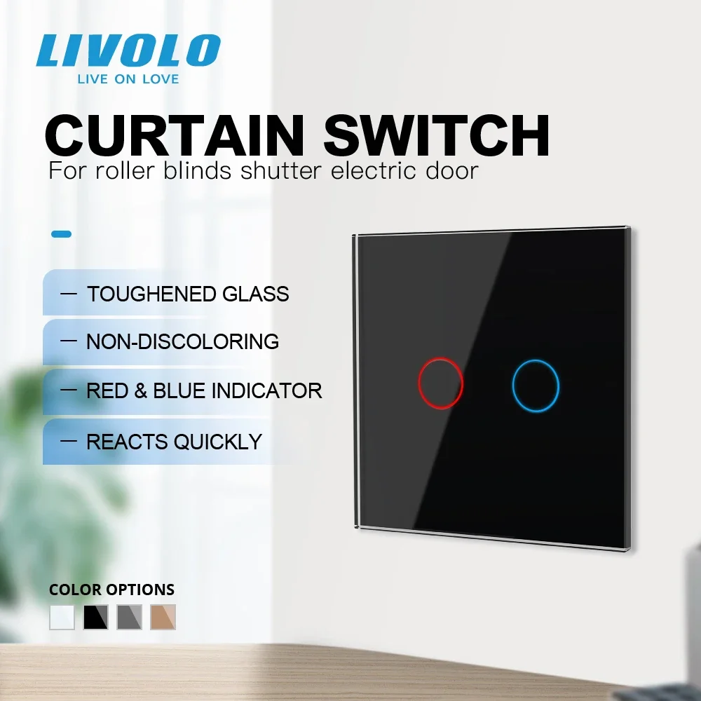 Livolo EU Standard Electrical Wall Curtain Switch Luxury Tempered Crystal Glass Panel AC110-250V/50-60Hz for Curtain Garage Door
