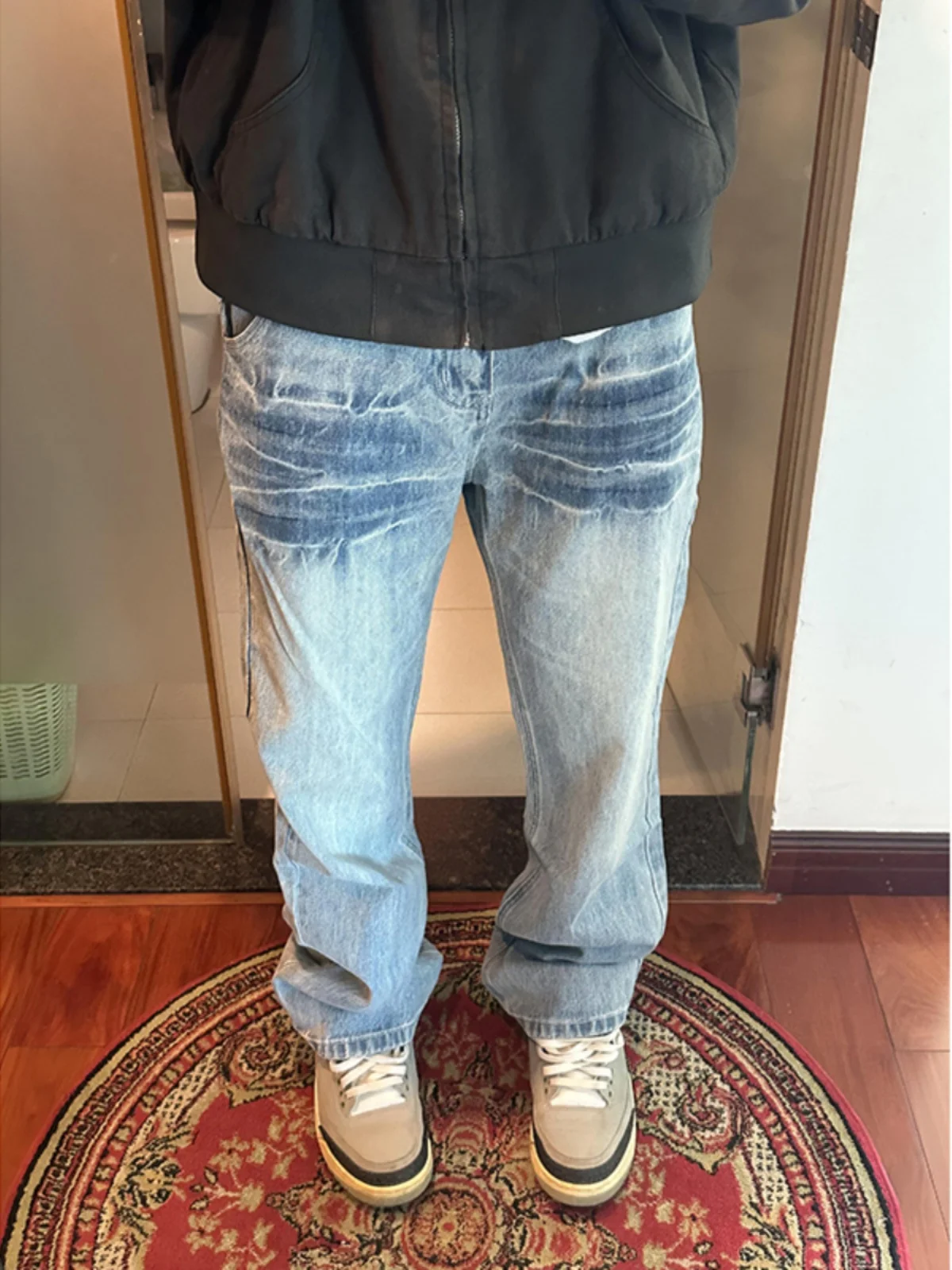 

Blue Washed Lightning Pattern Men's Jeans Cleanfit Flared Straight Leg American High Street Vibe Jeans Youth Fashion Straight...