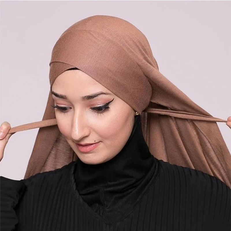 Muslim Cross Tie Jersey Instant Hijab Good Stitch Stretchy Scarf Soft Turban Plain Headband Wraps Foulard