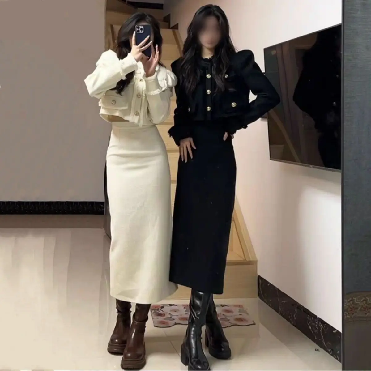 Large Size Small Fragrant Wind Two-piece Set for Women\'s Spring Light Luxury Socialite Short Jacket+back Slit Skirt Set