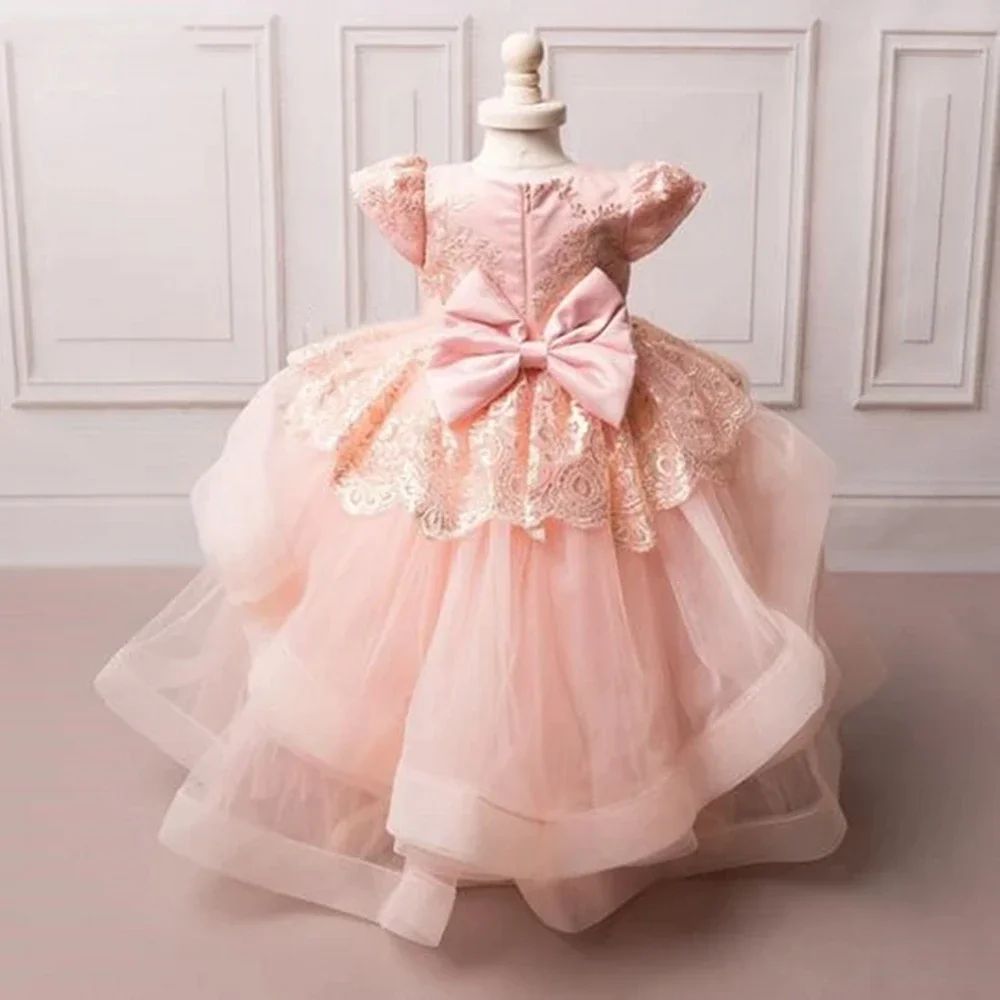 Flower Girl Dresses Pink Lovely Baby Lace Puffy Bow Princess Wedding Performance Kids Clothing Gift First Communion Birthday