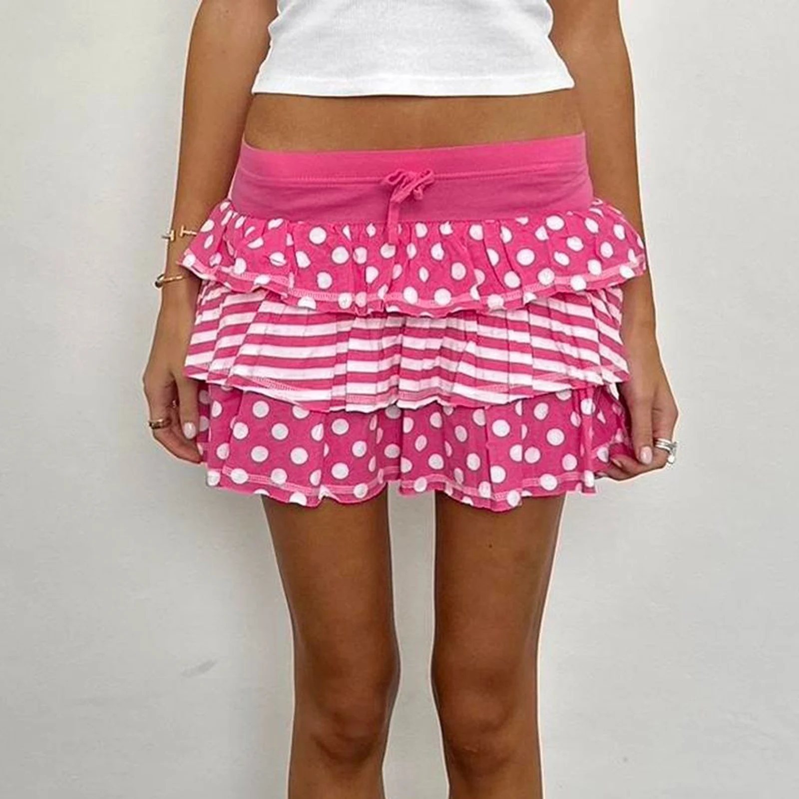 Mini saias de verão de cintura alta para mulheres saia em camadas com estampa de bolinhas rosa para uso diário, viagens, festas
