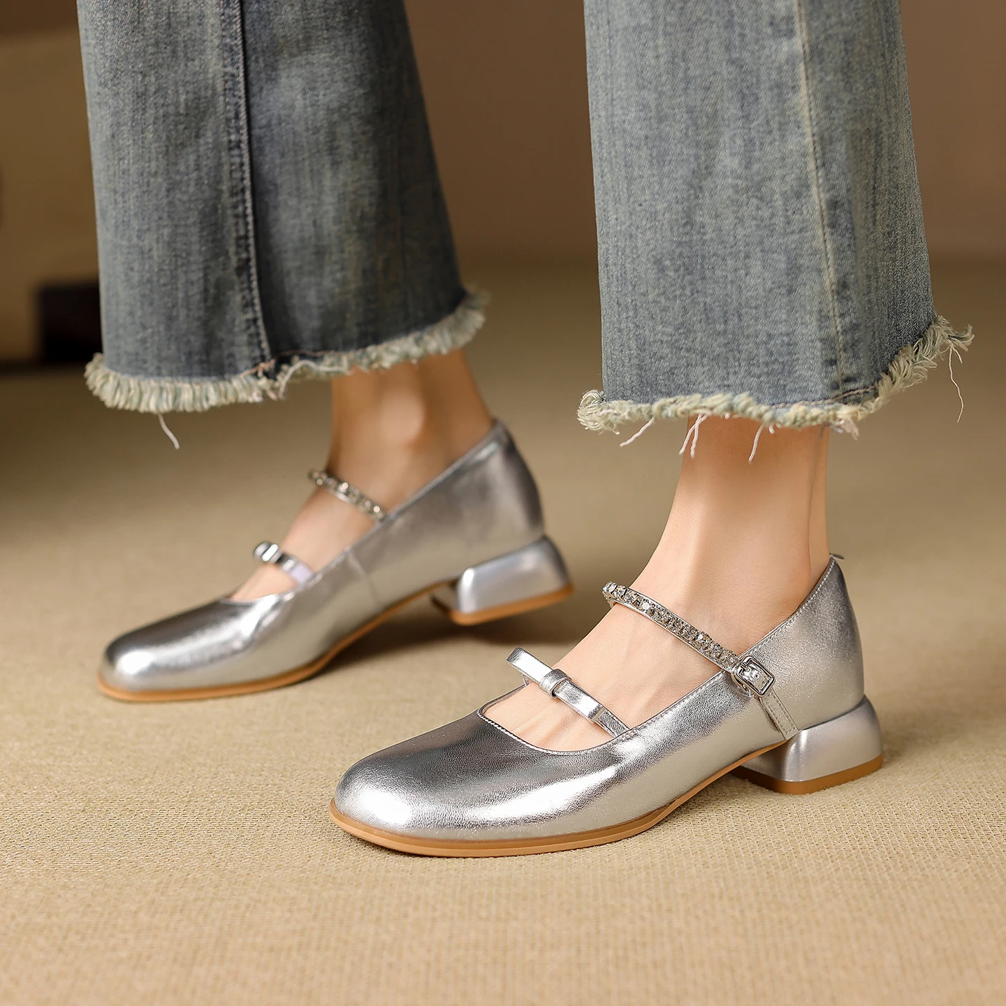 

Genuine Leather Cowhide Patent Leather Women High Heels,Round Toe Mary Janes Shoes, Diamond Belt buckle Silver Women Shoes