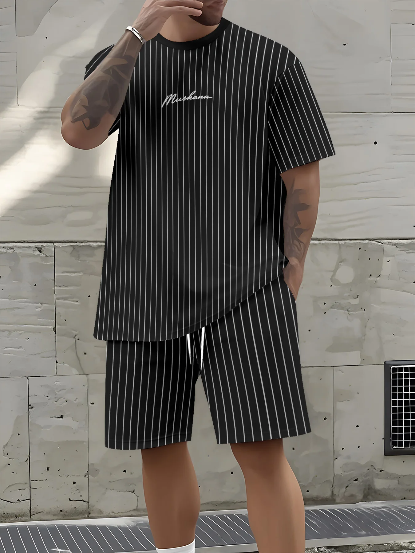 

Men's summer striped letter print comfortable and breathable round neck T-shirt drawstring shorts set outdoor casual clothing