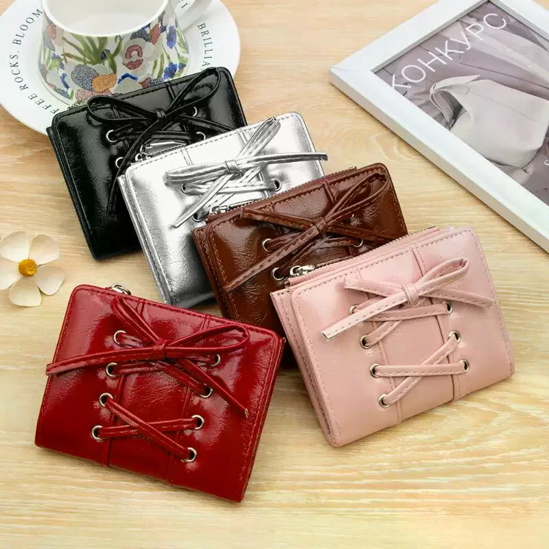 Simple Korean Style Bow Wallet Ultra Thin Short Clutch Card Bag Multi-function Zipper PU Leather Card Holder Travel Coin Purse