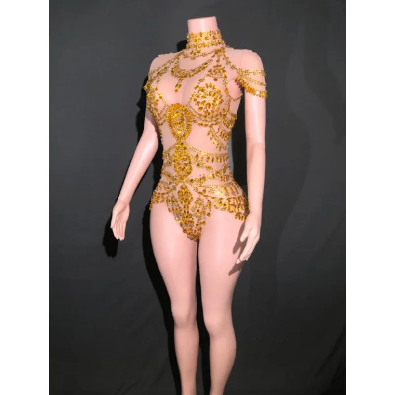 Design Sense Heavy Industry Hot Diamond Mesh Onesie Dance Suit Nightclub Bar Performance Suit Spice Girls Sexy Dresses For Women