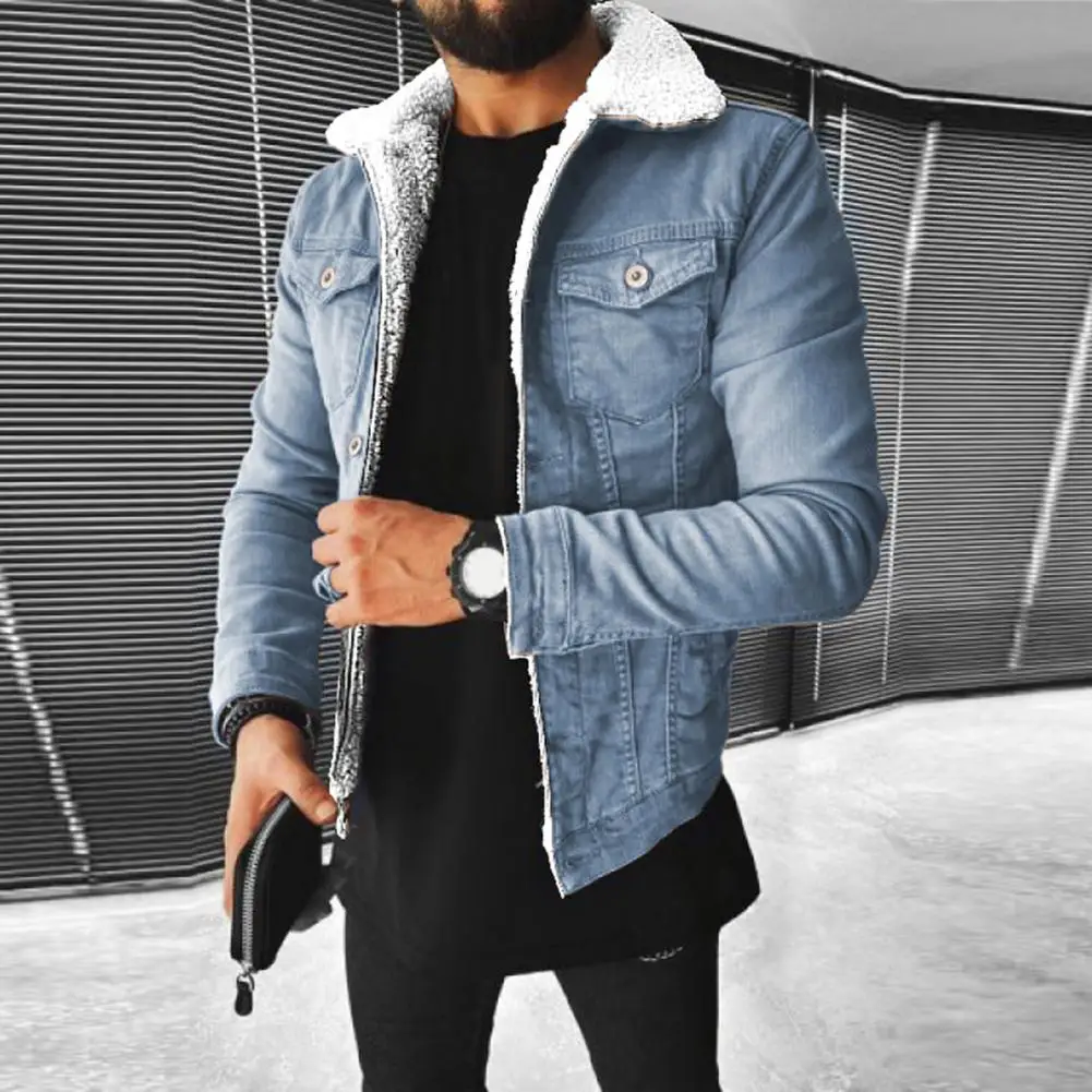 Denim Jacket Warm Men Coat Cozy All Match  Trendy Loose Turndown Collar Jacket Outerwear