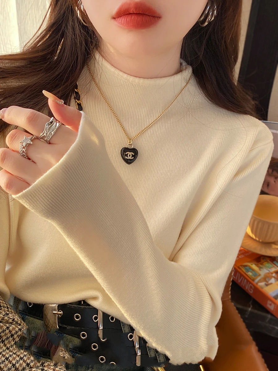 Women Fashion Stretch Tops Autumn Winter Turtleneck Sweater Women Knitted Slim Pullover Korean Long Sleeve Simple Base Layer Top
