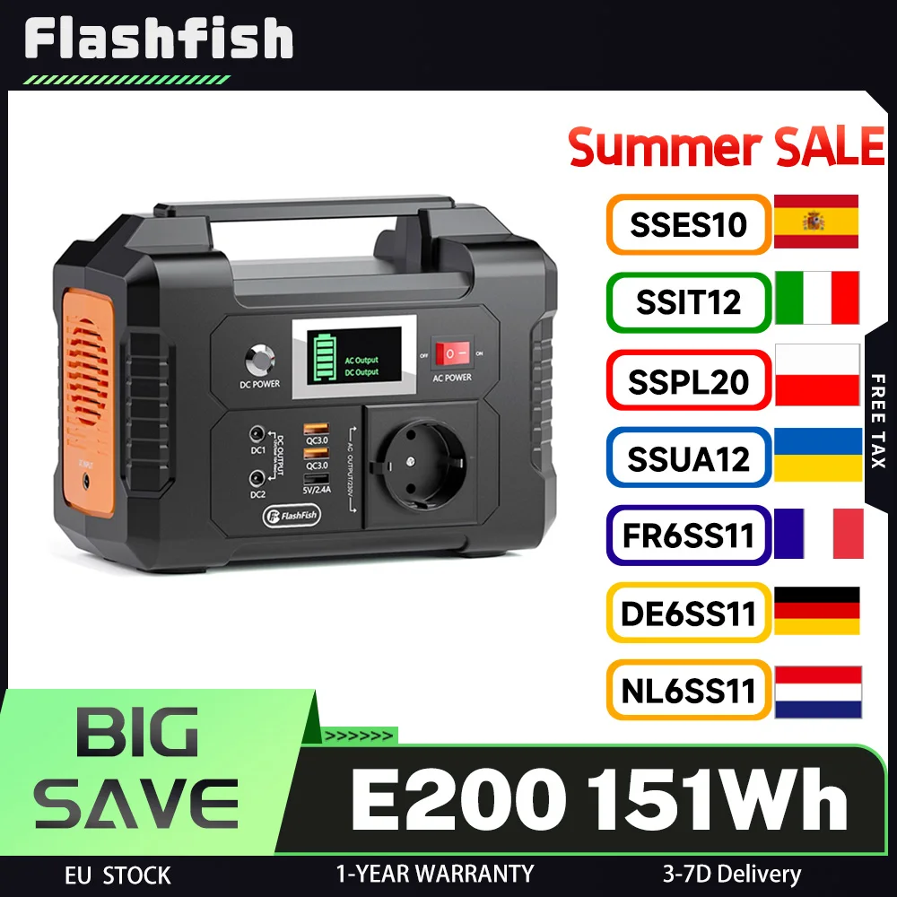 Station d'alimentation portable Flashfish E200, batterie LiFePO4 200W 151Wh, onde sinusoïdale modifiée, sorties AC/DC/USB, triple recharge