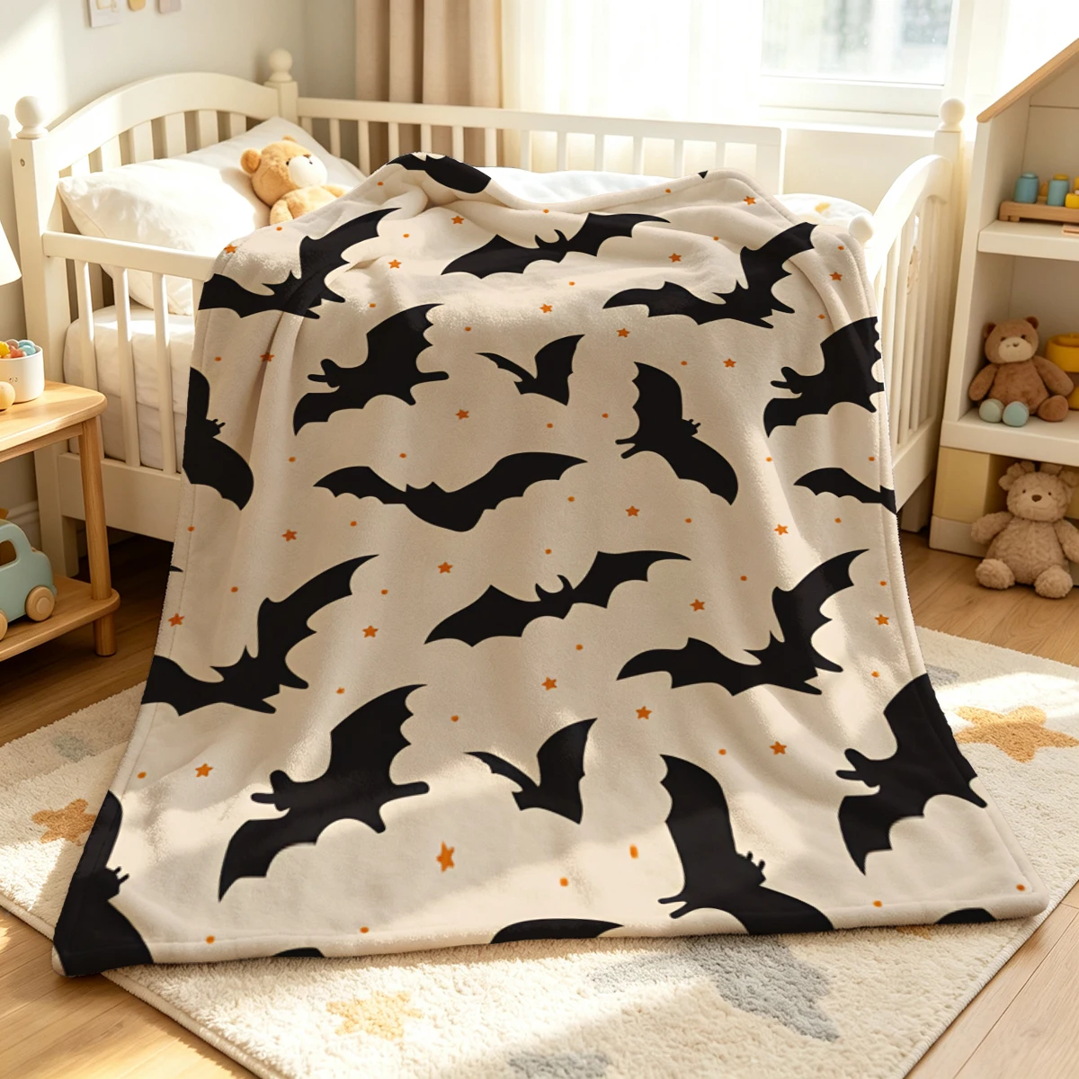 Orange Bats White Rings Flannel Blanket Warm Soft Halloween Christmas Decorative Couch Warm Cozy All-Season Gift