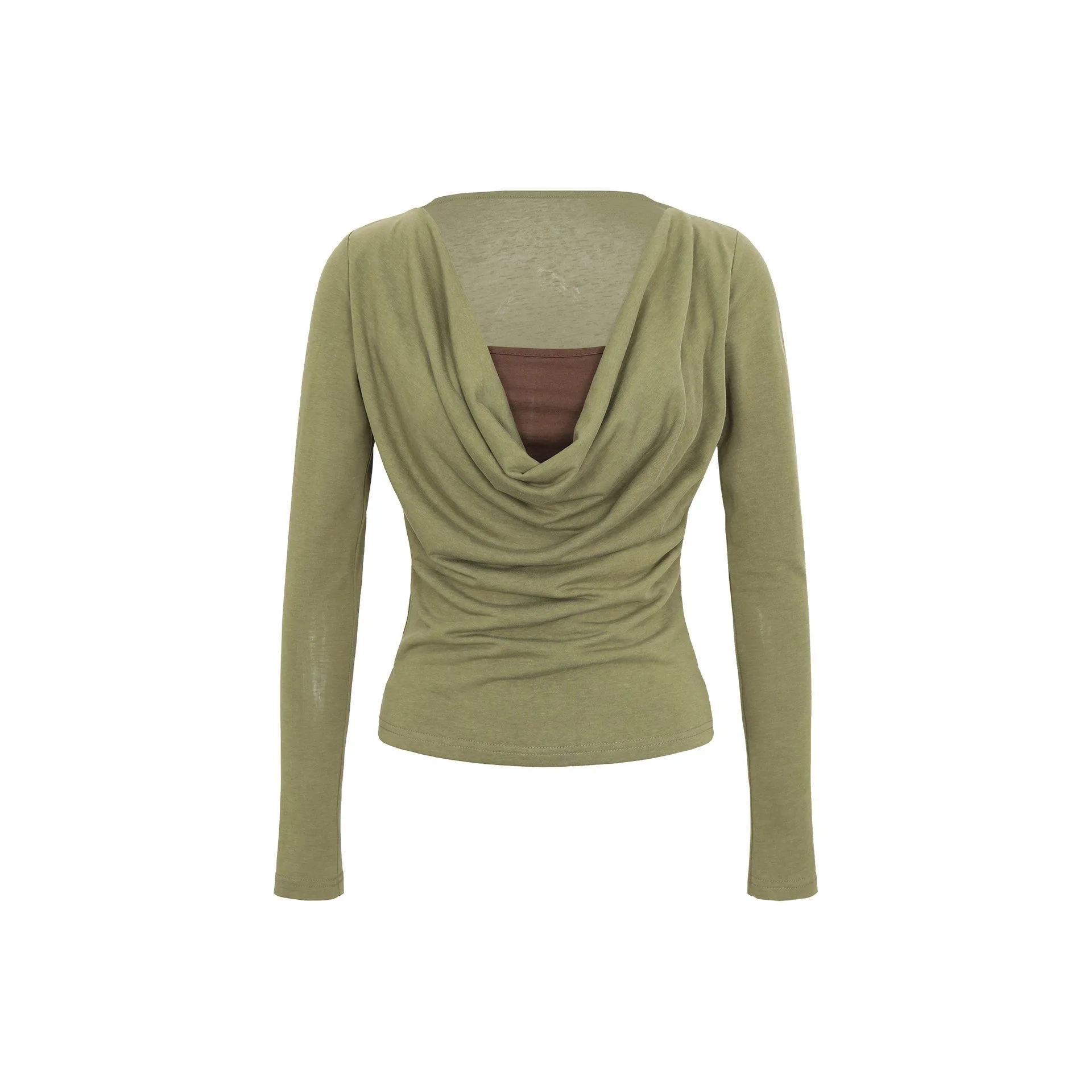 2025 الأخضر وهمية الرقبة وهمية قطعتين طويلة الأكمام تي شيرت للنساء ، جديد الخريف تصميم تحسس قاعدة قميص أعلى