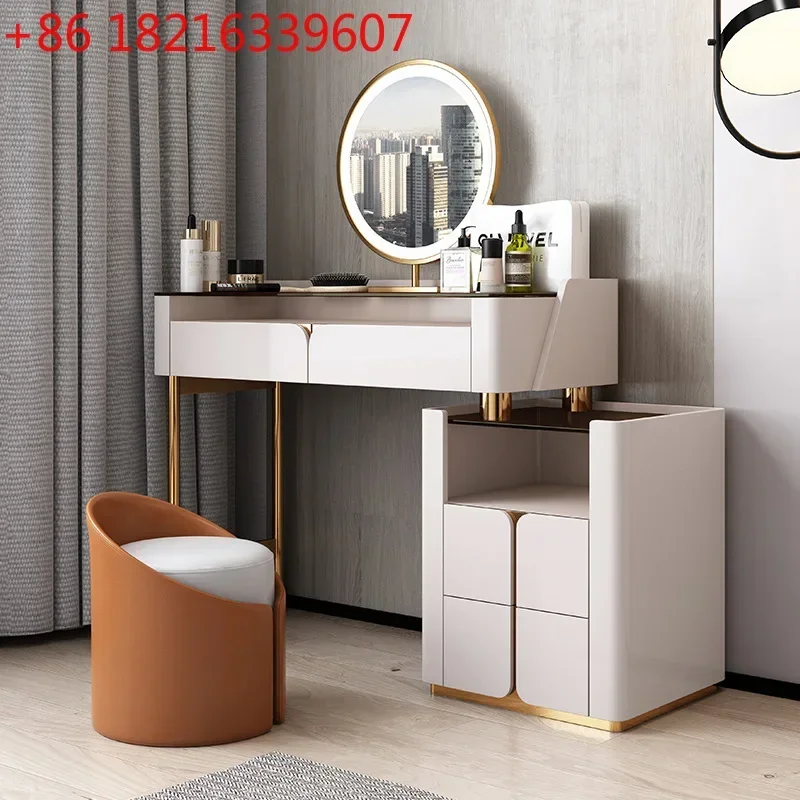 TAO TAOItalian minimalist light luxury makeup table chair LED three-color mirror brown tempered glass