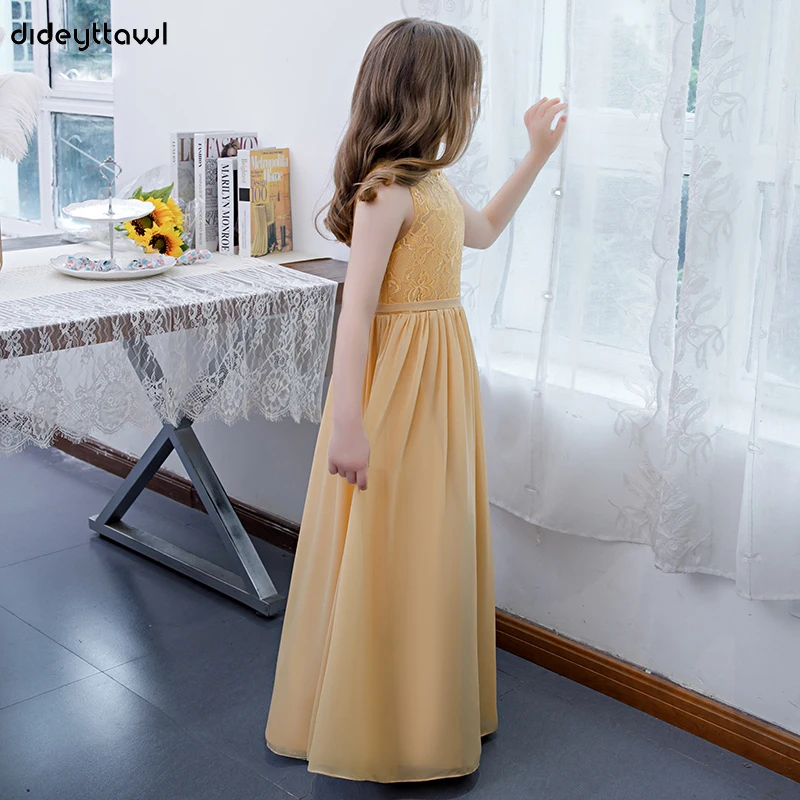 Robes de demoiselle d'honneur en mousseline de soie, col rond en dentelle, coupe trapèze, longueur au sol, fête d'anniversaire pour enfants