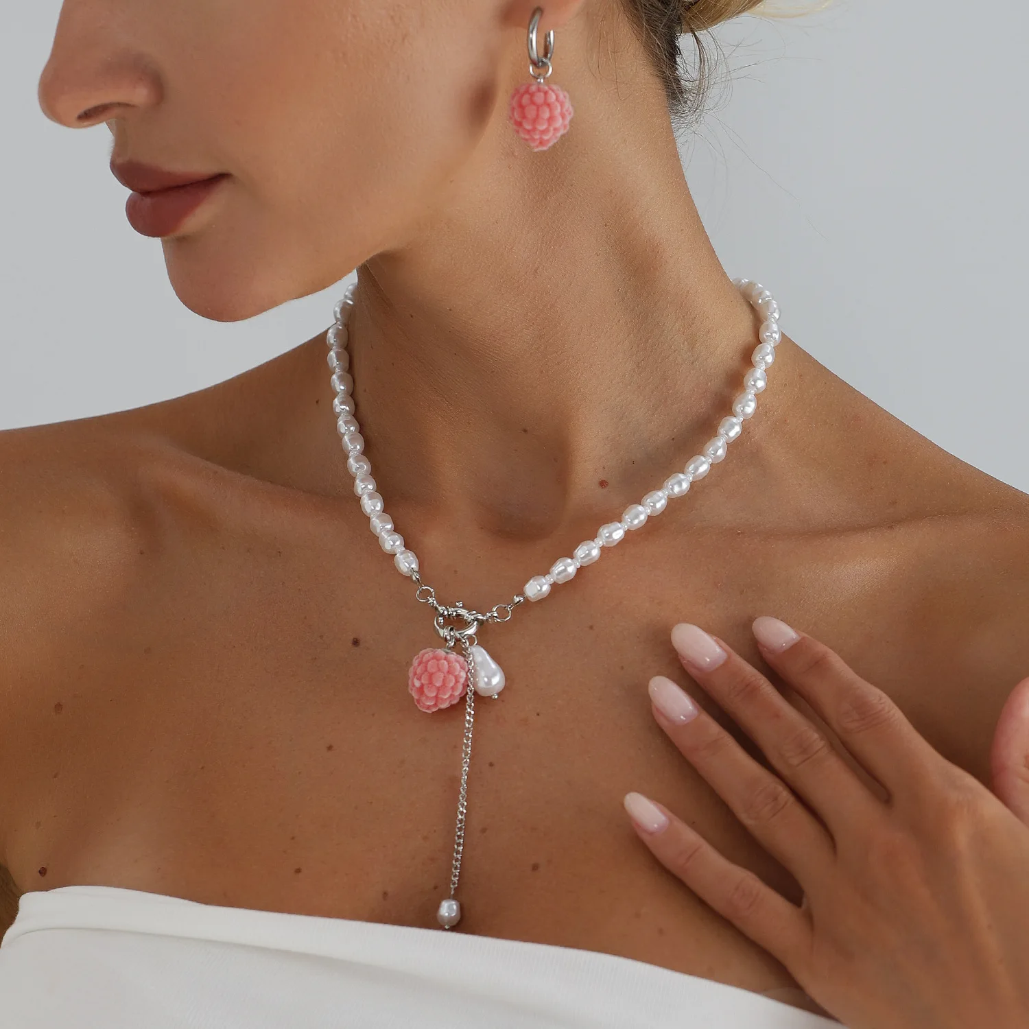 Elegant Baroque Simulated Pearl Necklaces for Women Pink Raspberry Pendant Necklace Choker Earrings Trendy Wedding Jewelry Gifts