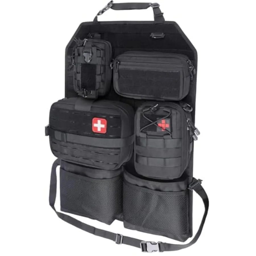 Tactical Car Seat Back Organizer Set, Vehicle Accessories Molle Panel wtih Detachable 4 Molle Pouches - First Aid EDC Admin Sto