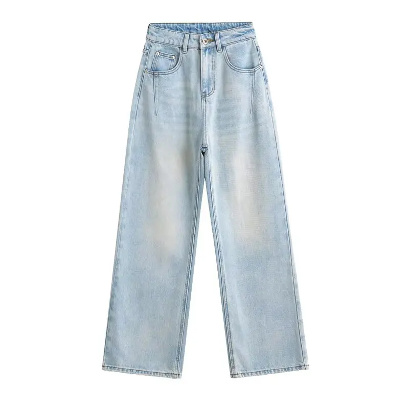 

Женские универсальные светло-голубые джинсовые прямые длинные брюки Faionable H609, весенний сезон l, джинсовая ткань с покрытием на талии