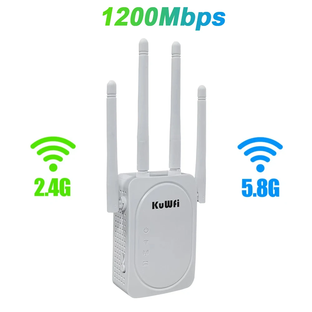 KuWFi 2.4G 5GHz WiFi Repeater 1200Mbps WiFi Extender Amplifier Long Range Wi-Fi Signal Booster 2 LAN Port Repeater Wired Mode