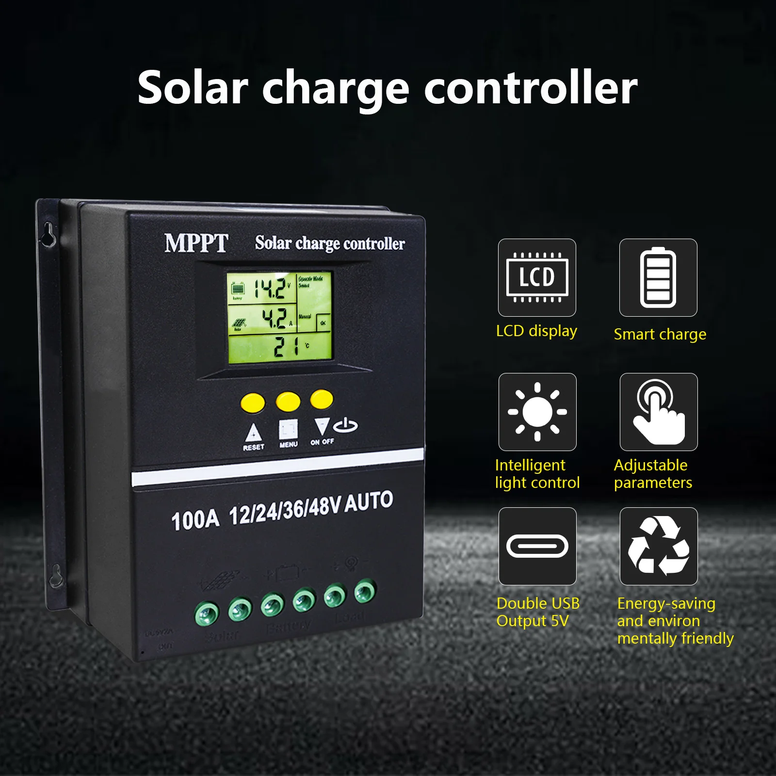 100A Solar Charge Controller  Regulator, USA Warehouse, Auto Voltage Matching, Multiple Protection, for Lead Acid & Lithium Battery, RV Home Boat Off-Grid Solar System, Durable Safe Solar Control Accessories
