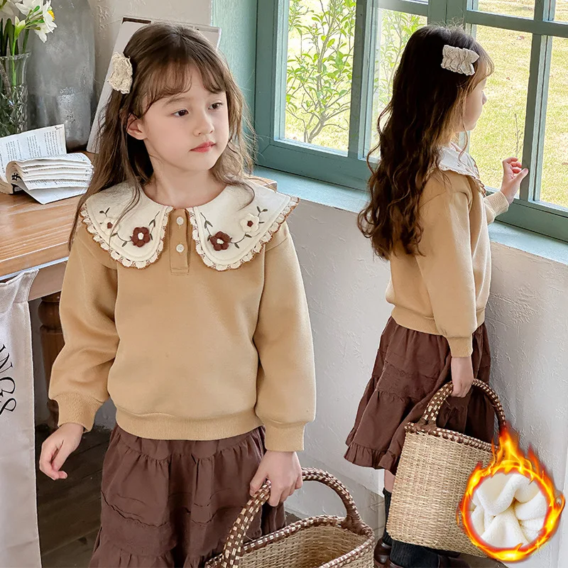 Autumn Winter Children Girl Thicken Sweatshirt School Girl Flower Embroidery Lapel Plus Velvet Pullovers Junior Girl Warm Tops