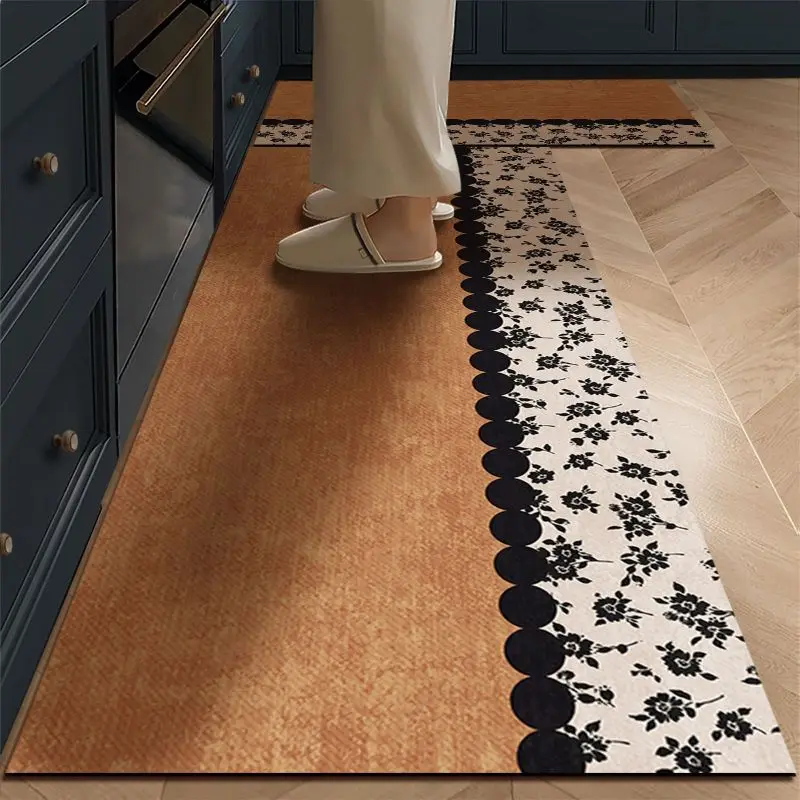 VIKAMA French Retro Minimalist Kitchen Mat, Oil Resistant Non Slip Splash Proof Cushioned Floor Mat for Counter Side Decor
