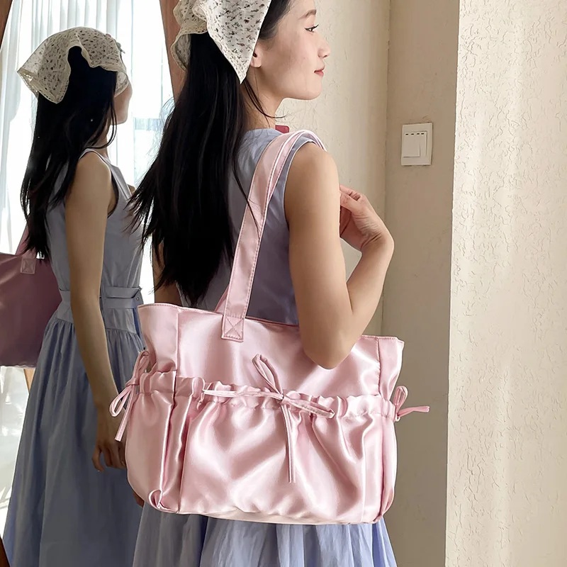 Satin Ballet Style Pleated Bow Girls Shoulder Bags Sweet Candy Color Ladies Underarm Bag Korean Casual Women Laptop Large Tote view 5