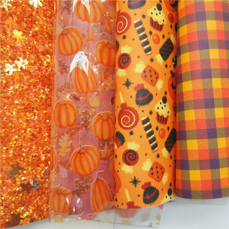 Gingerbread Glitter leather, Pumpkins Tartans Printed Synthetic Vinyl Faux Leather Sheets Jelly Sheets For Bows DIY 21x29CM Q325