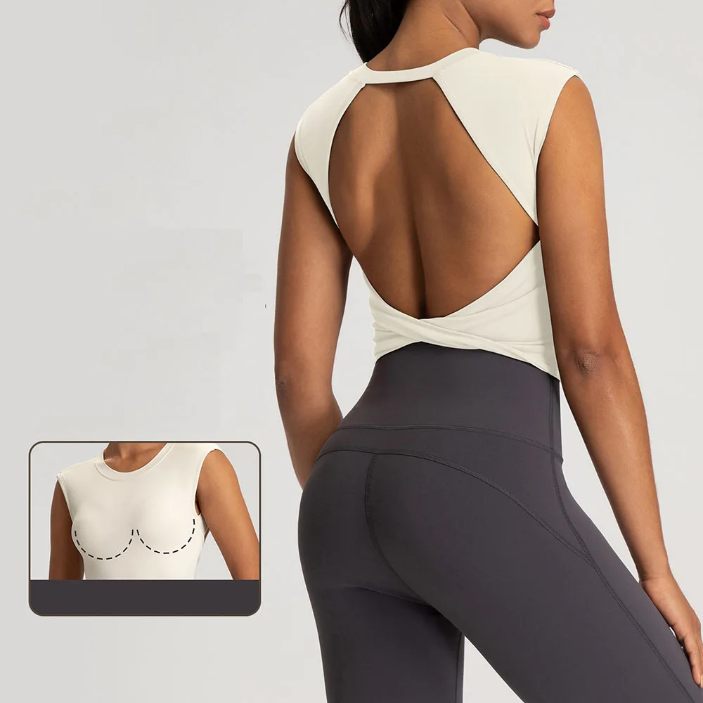

‌Women's Summer Yoga Tank Top with Built-in Bra - Naked Feel Backless Slim Fit Sports Running Shirt