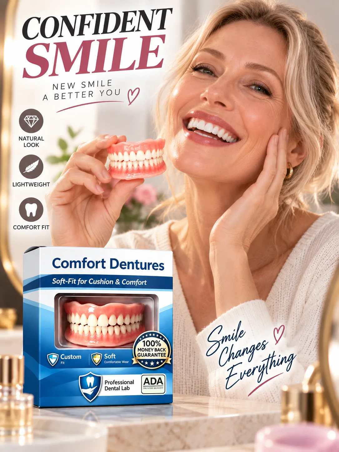 Dentures False Teeth Full Set Real Looking Adjustable Denture Soft Comfort Fit Silicone for Men Women Eating Natural