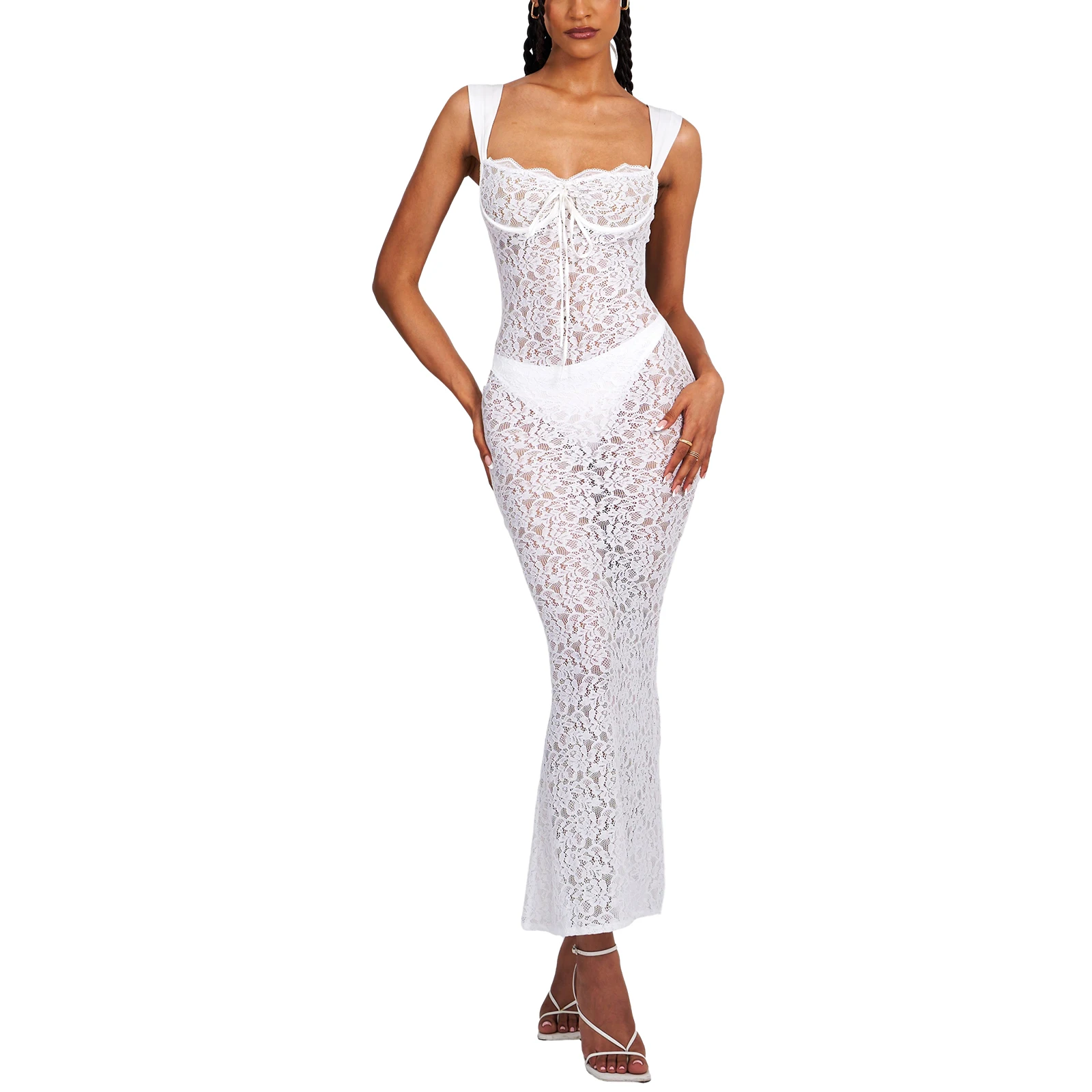 Women's Lace See-Through Long Dress Summer Backless Party Dress Y2k Bodycon Sleeveless Cami Dress Clubwear