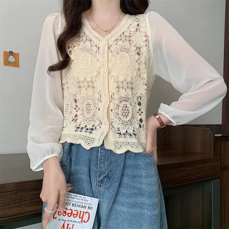 Women Tops Vintage Floral Embroidery Crochet Knit Top with Chiffon Sleeve Crop Shirts Sheer Blouses Fairycore Cottagecore Outfit