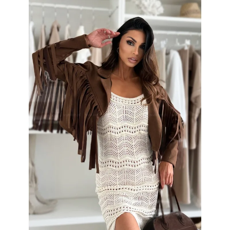 

Fashion Street Style Solid Color Irregular Women's Short Tassel Coat Spring and Autumn New Turn-down Versatile Casual Lady Tops