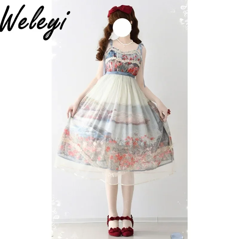 

Cute Summer Vintage Dress Ropa Para Mujer Sukienka Kleider Frock Streetwear Oil Painting Style Print Suspender Jsk Bow Dresses