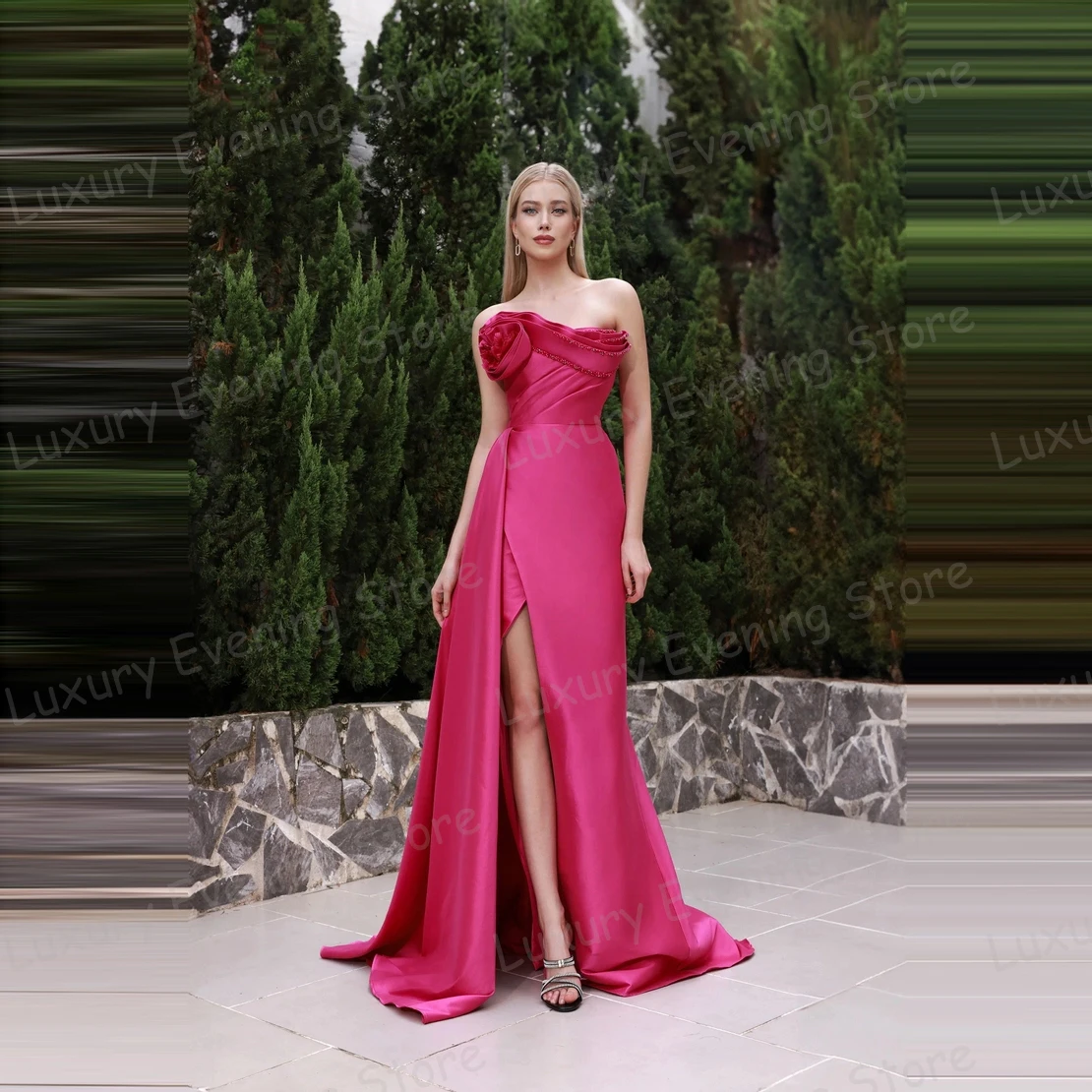 

Luxury Mermaid Evening Dresses Sexy Fashion Pleat Satin Sleeveless Prom Gowns Strapless Beach Party Customized Vestidos De Noche