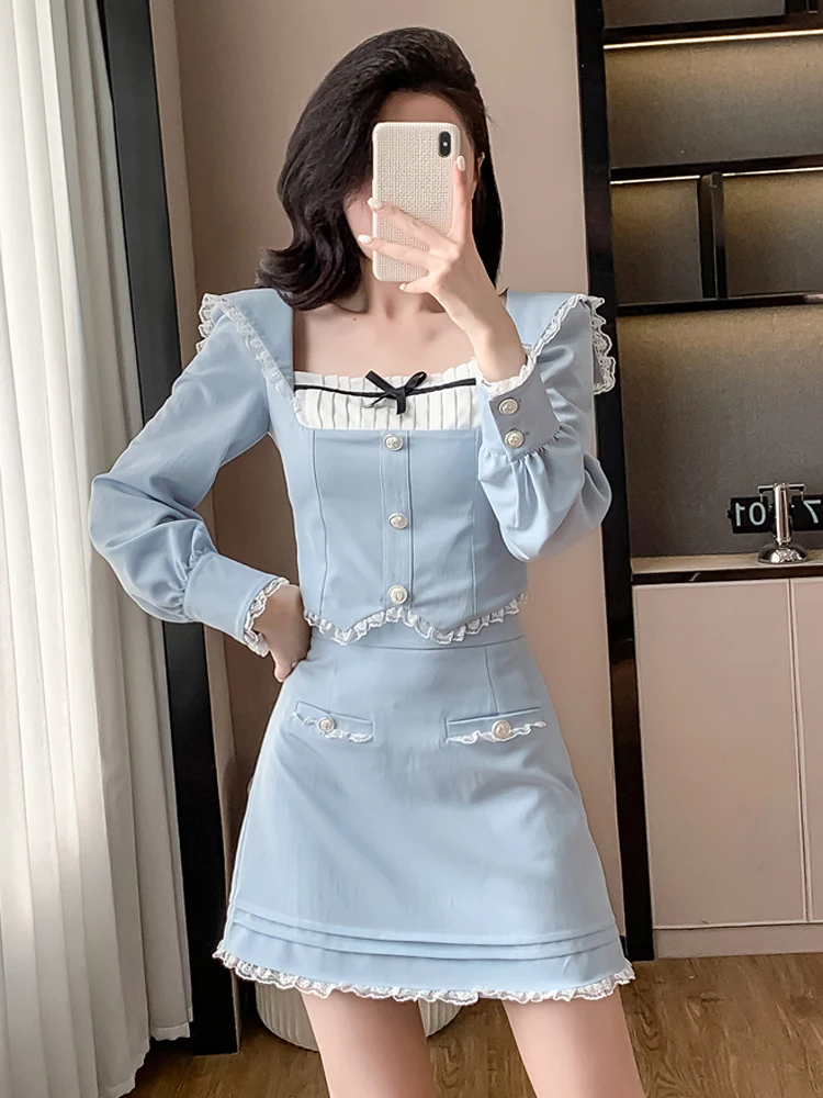 韓国スタイルの女性ツーピースセット甘いレーススプライシングスリムクロップトップス + ボディコンミニスカートマッチングスーツ女性服