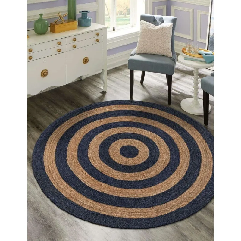 

Rug 100% Natural Jute Round Area Floor Mat Carpet Living Room Rug, Beige+Black