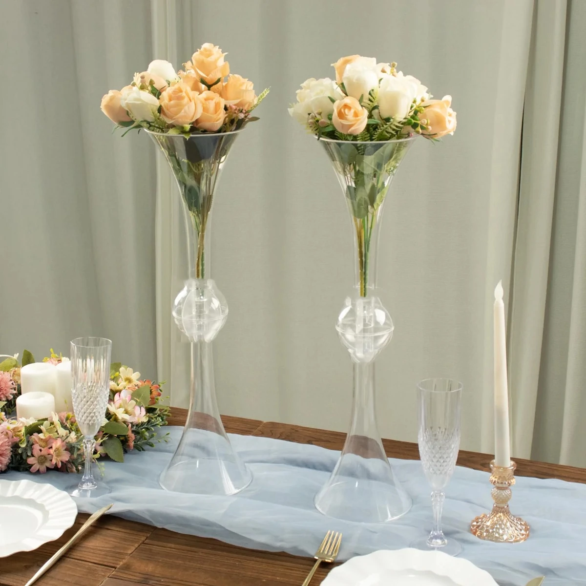 60cm tall)10pcs Clear Crystal Embellishment Trumpet Table Centerpiece, Reversible Plastic Flower Vase