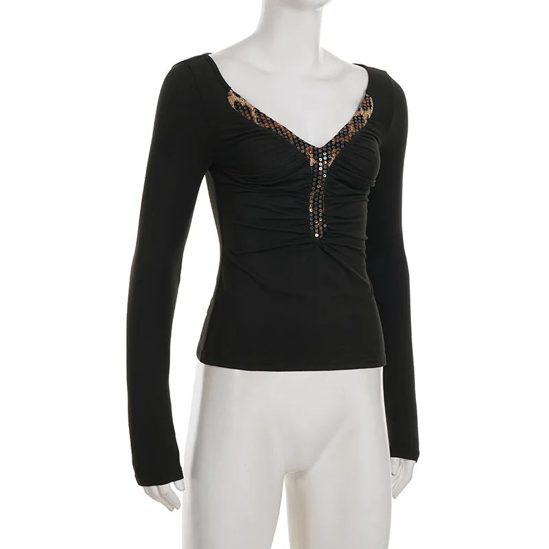 Herfst en winter heet meisje sexy luipaardprint pailletten patchwork geplooid T-shirt met V-hals en lange mouwen voor dames